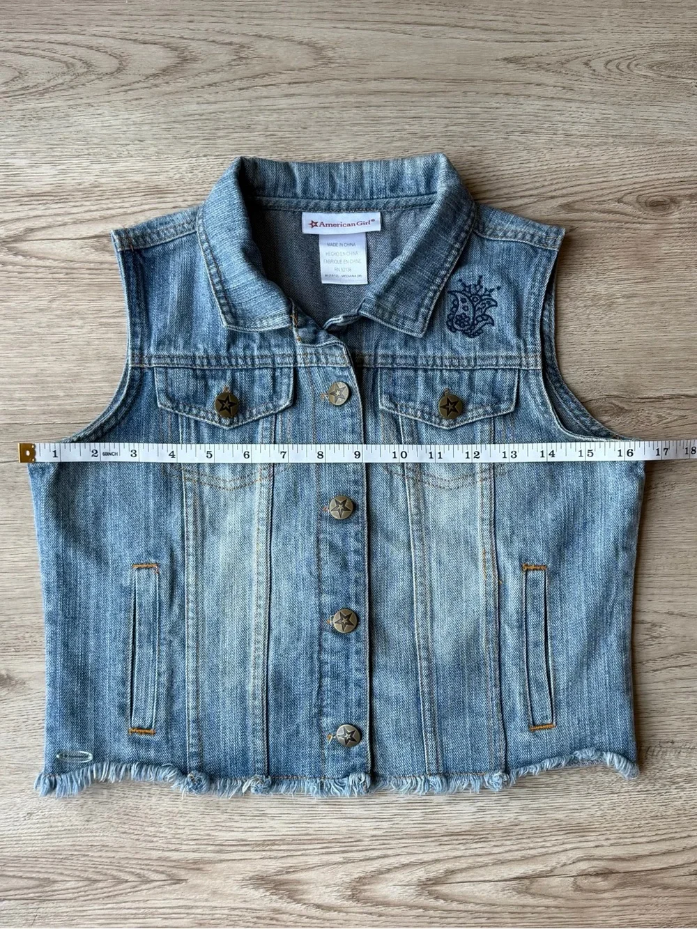American Girl Tenney Grant Girls Denim Vest M 10/12 Embroidered Frayed Hem